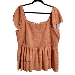 DR2 Top Women's Sz XXL 2XL Orange Smocked Blouse Boho Flowy Stretch Festival NEW